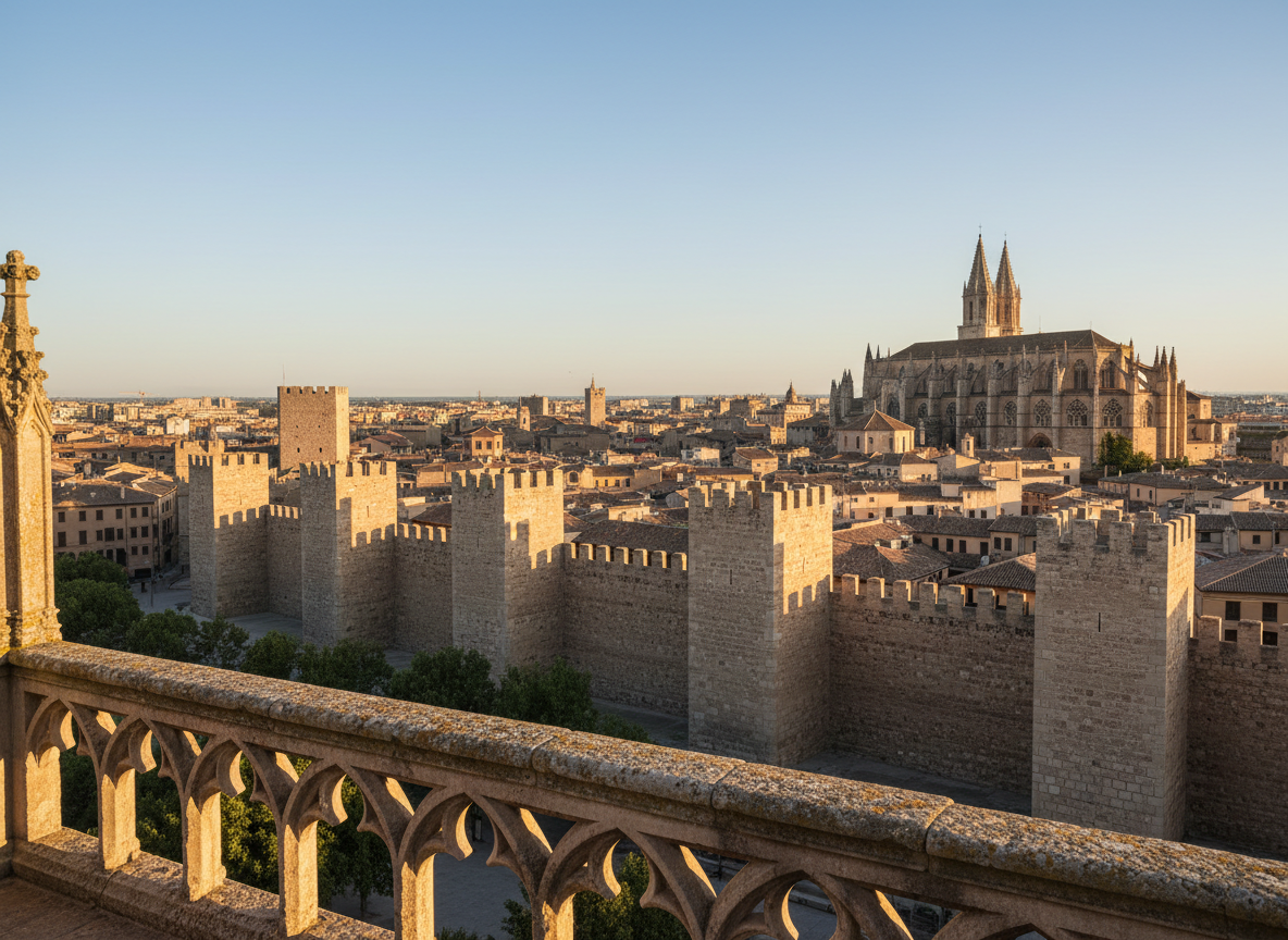 An elevated panoramic photographic view of medieval Valencia reimagined, dominated by robust stone walls, towers, and the silhouette of a grand cathedral rising above tiled rooftops. In the foreground, an ornate stone balcony with Gothic tracery frames the scene, its weathered surface showing centuries of erosion and lichen. Late afternoon golden light bathes the city in warm tones, casting long, elegant shadows that emphasize the architecture’s volume. The sky is clear and pale, lending a dignified calm. Composed with the rule of thirds, the historic skyline anchors the image while the balcony adds depth and context. The mood is majestic yet contemplative, evoking the era of Jaume I through photographic realism and a refined, sophisticated aesthetic.