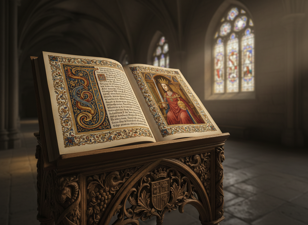 A richly detailed medieval manuscript spread open on a carved wooden lectern, its vellum pages filled with intricate illuminated initials and a regal miniature of Jaume I crowned and holding a sword and orb. The lectern stands in a dim, stone-walled hall reminiscent of the old Universitat de València, with pointed arches and a distant stained-glass window. Warm, directional light from the side window grazes the gold leaf and pigments, creating subtle glints and deep shadows. Shot at eye level with a shallow depth of field that keeps the manuscript in crisp focus while the architectural background dissolves into a soft blur. The mood is scholarly and reverent, with photographic realism and a sophisticated, museum-like atmosphere.