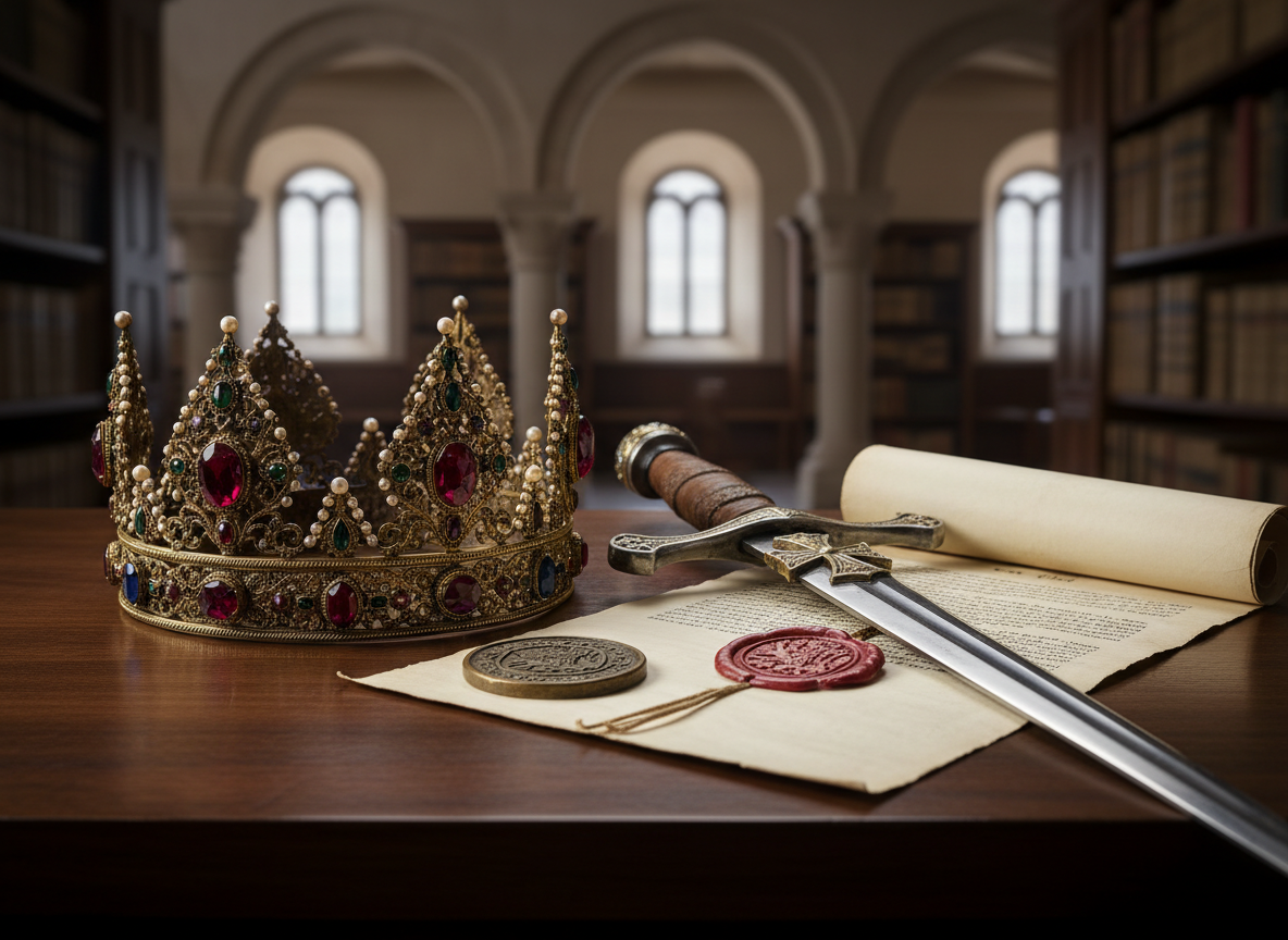 A close-up, photographic still life of historical artifacts associated with Jaume I’s era arranged on a dark walnut table: an ornate, jewel-encrusted crown resting beside a finely crafted sword with an engraved crossguard, a wax-sealed parchment charter, and a small bronze seal matrix with a heraldic emblem. The background hints at a stone university chamber with blurred arches and shelves of manuscripts. Soft, diffused studio-style lighting from above and slightly to the left highlights the metallic glints on the crown and sword, while leaving velvety shadows between objects. The composition is carefully balanced, shot from a slightly elevated angle to reveal textures and details. The mood is solemn and intellectual, suggesting a curated exhibit for an academic congress, rendered with high-end photographic realism.